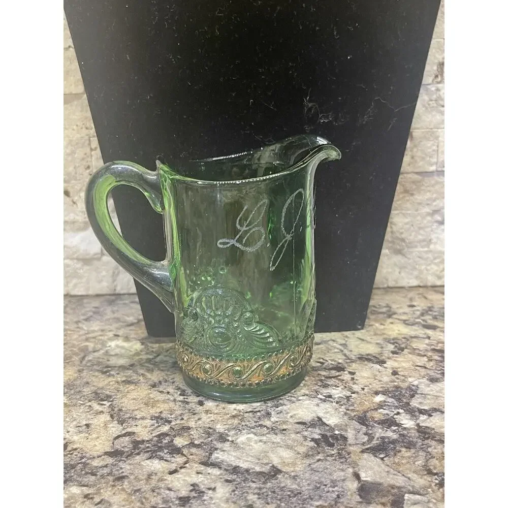 Antique EAPG Pitcher Green Glass with Gold Trim Engraved L‎ J Chapman 1912 Nice